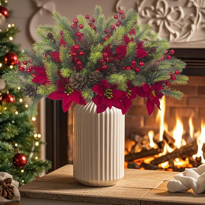 8PCS Artificial Flowers Bouquet Christmas Floral Pine Cones Red Fake Berry Picks Stems Holly Holiday Floral Picks for Xmas Tree Party Decoration DIY Indoor Table Centerpieces