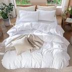 MooMee Bedding Duvet Cover Set 100% Washed Cotton Linen Like Textured Breathable Durable Soft Comfy (Solid Bright White, Cal King 104"x98")