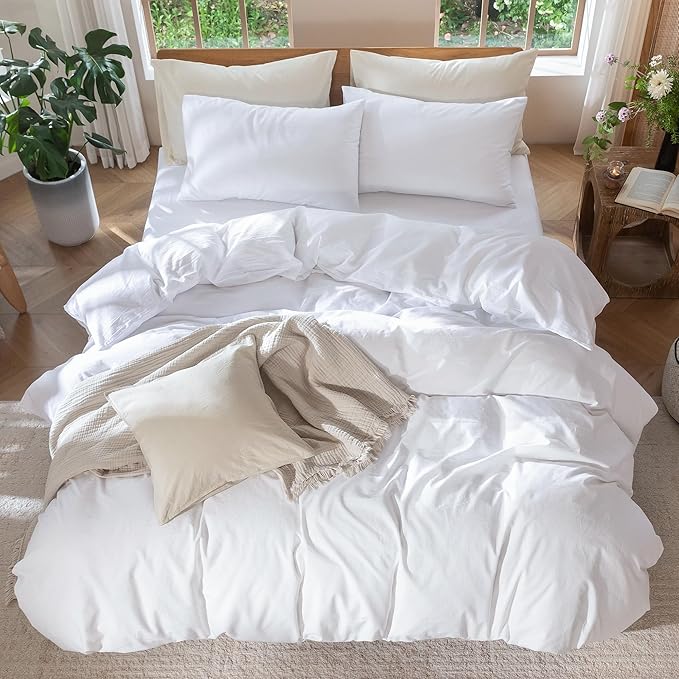 MooMee Bedding Duvet Cover Set 100% Washed Cotton Linen Like Textured Breathable Durable Soft Comfy (Solid Bright White, Oversized Full 82"x86")