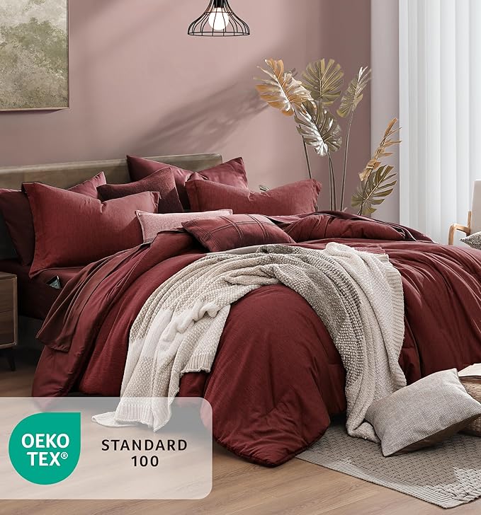 Monbix King Size Comforter Set Red, Cationic Dyeing Reversible Bedding Set 7 Pieces, All Season Bed in a Bag with Sheets, Pillowcases & Shams