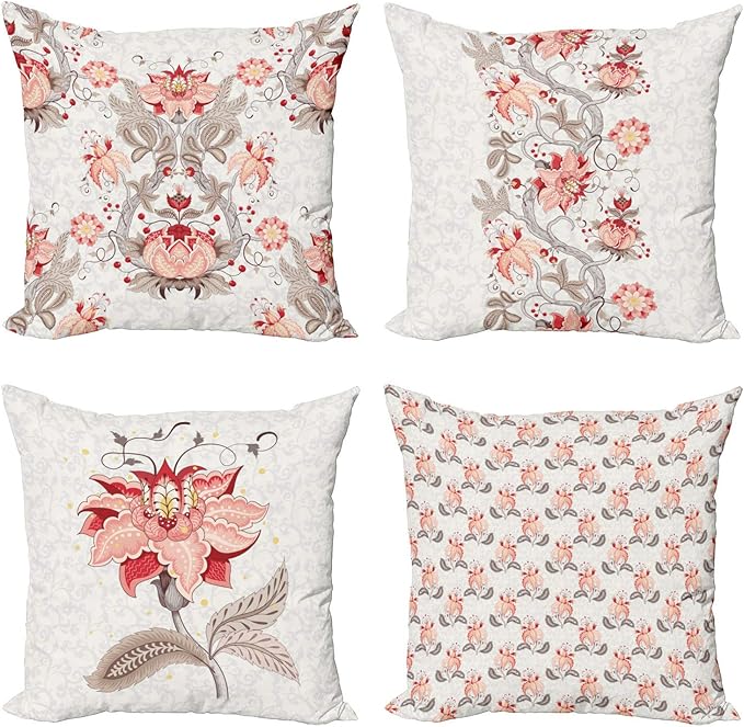 Ambesonne Vintage Throw Pillow Cushion Case Pack of 4, Ethnic Folkloric Flower Motifs in Neutral Tones Nostalgic Floral, Modern Accent Double-Sided Digital Printing, 24", Salmon Vermilion