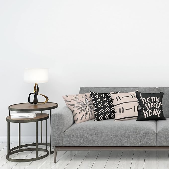 Ambesonne Modern Throw Pillow Cushion Case Pack of 4, Scandinavian Minimal Ornaments Boho Feather Leaves and Home Phrase, Modern Accent Double-Sided Digital Printing, 18", Pale Tan and Charcoal Grey
