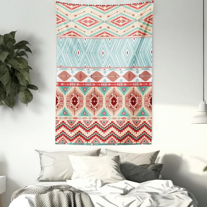 Lunarable Aztec Tapestry Twin Size, Culture Inspirations Ornamental Indigenous Chevron, Wall Hanging Bedspread Bed Cover Wall Decor, Twin Size, Turquoise Beige