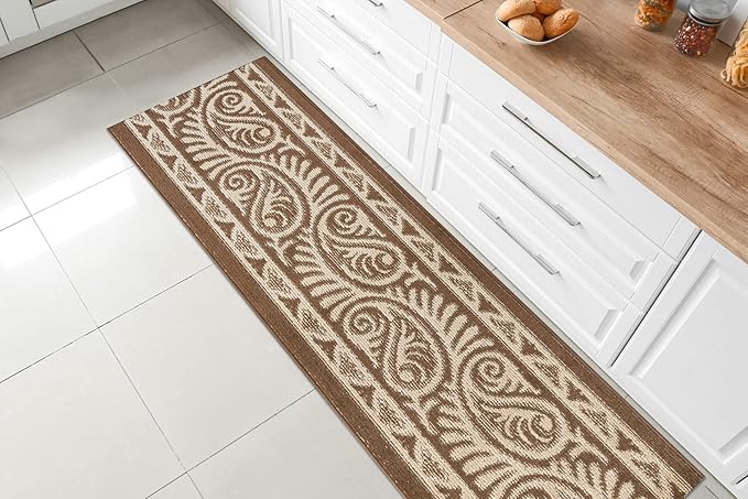 Custom Length Cut to Size Tribal Ethnic Southwestern Inspired Hallway Runner Rug, Non Slip Rubber Backed, 31 inch Wide X Customized Length, Mayan Brown, 31 inch X 18 feet