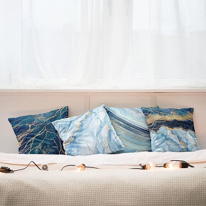 Ambesonne Marble Print Throw Pillow Cushion Case Pack of 4, Modern Themed Pastel Stone Stain Look Veins Aquatic, Tones for Decorative Home Accent Double-Sided Digital Printing, 16", Pale Blue Indigo