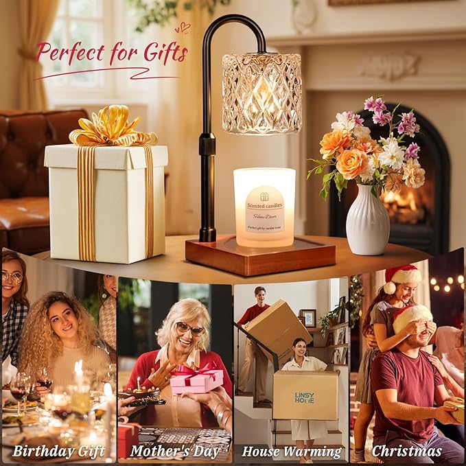 Hong-in Candle Warmer Lamp with Timer -Dimmable Adjustable Height Wax Melt Warmer for Jar Candles,Vintage Home Decor with Elegant Amber Glass,Birthday Gifts for Women, Mom, Friend
