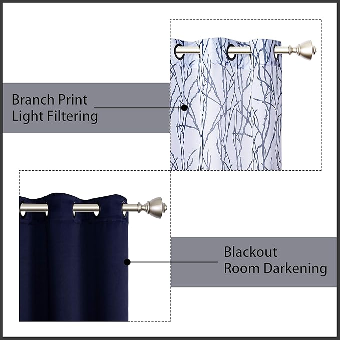 BONZER Mix and Match Curtains - 2 Pieces Branch Print Sheer Curtains and 2 Pieces Blackout Curtains for Bedroom Living Room Grommet Window Drapes, 37x63 Inch/Panel, Indigo, Set of 4 Panels