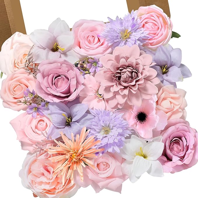Alecono Artificial Flowers, Pink Purple Fake Flowers with Stems for DIY Wedding Bridal Bouquets, Cake Floral Arrangement Home Decor Indoor Outdoor