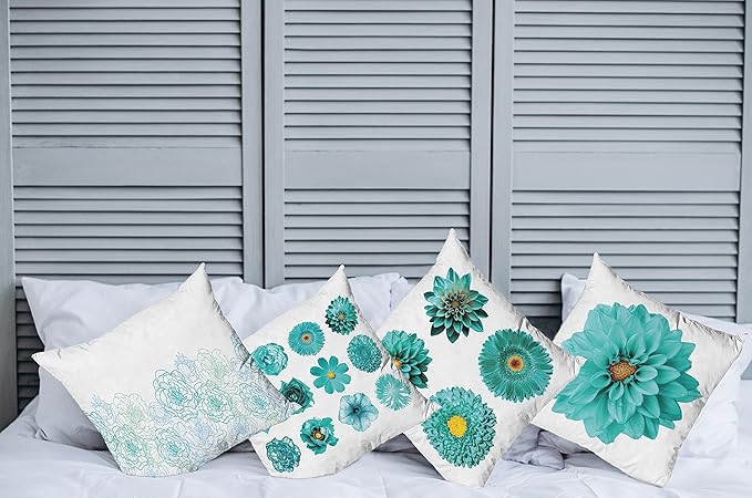 Ambesonne Floral Throw Pillow Cushion Case Pack of 4, Modern Design Flowers in Aquatic Color Palette Cold Toned Leaves Print, Modern Accent Double-Sided Digital Printing, 20", White Turquoise