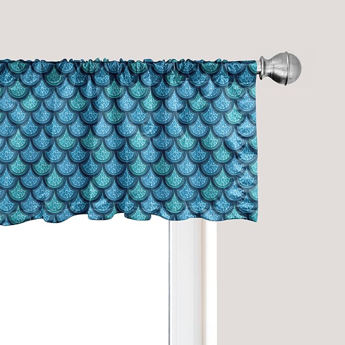 Ambesonne Fish Scale Window Valance, Nautical Design Realistic Graphic Water Drops on Half Circles Print, Curtain Valance for Kitchen Bedroom Decor with Rod Pocket, 54" X 18", Blue and Turquoise