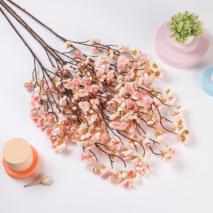 4 Pcs Artificial Cherry Blossom Flower Branches, Bulk Silk Faux Flowers Real Touch Bouquet for Home Wedding Party Centerpieces Spring Summer Decor, Vase Not Included(Champagne)