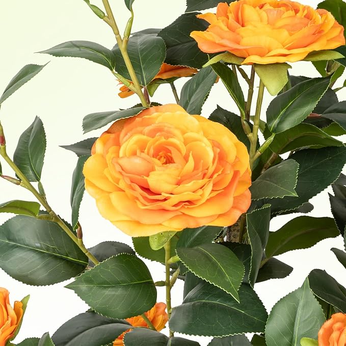 Artificial Camellia Tree, 3FT Faux Camellia Plant in Pot with Orange Flowers for Spring Home Front Door Outdoor Indoor Decoration