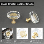 QOGRISUN 5-Pack Brass Crystal Cabinet Knobs,Glass Crystal Gold Drawer Knobs,1-1/4-Inch Polygon,Decorative Dresser Pulls, Modern Cabinet Hardware