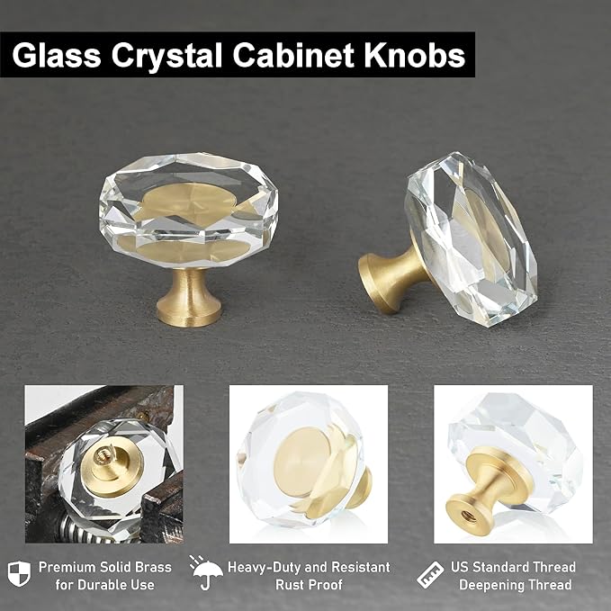 QOGRISUN 5-Pack Brass Crystal Cabinet Knobs,Glass Crystal Gold Drawer Knobs,1-1/4-Inch Polygon,Decorative Dresser Pulls, Modern Cabinet Hardware