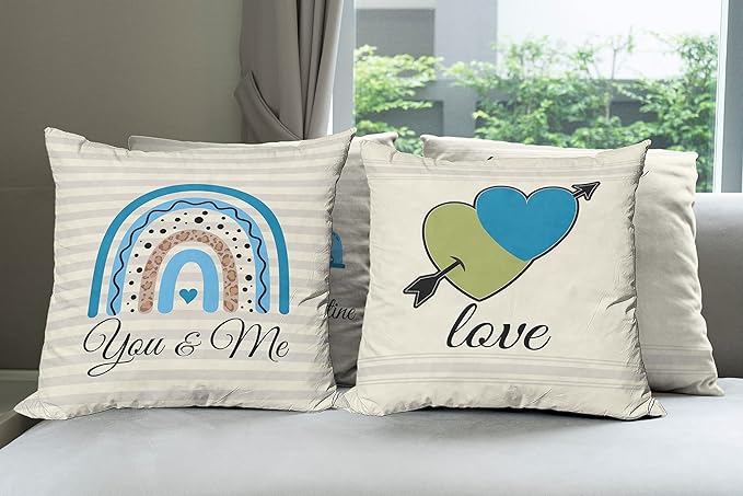 Ambesonne Romantic Throw Pillow Cushion Case Pack of 4, Love Hearts Arrow You and Me Be My Valentine Hugs Kisses Lettering, Modern Accent Double-Sided Digital Printing, 18", Ivory Blue and Olive Green