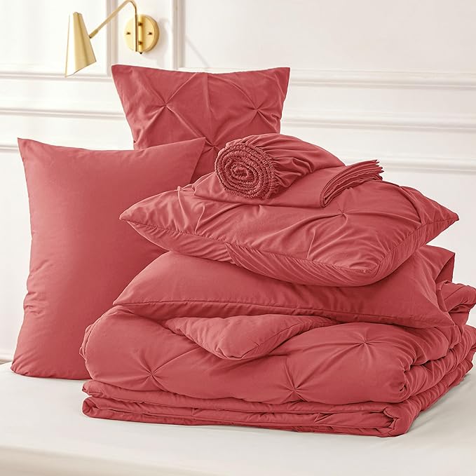 Bedsure Twin Comforter Set Coral Red - Bed in a Bag Twin Size Bedding 5 Pieces, GentleSoft™ Pintuck Bed Set Gift for Family, Pinch Pleat Coral Red Comforter with Sheets, Pillowcase & Sham