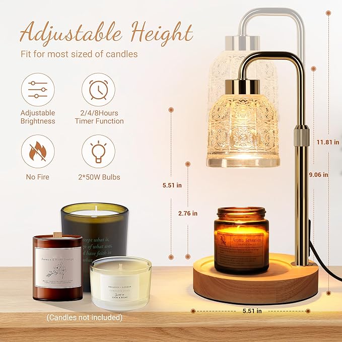 AIFEI Candle Warmer Lamp with Timer, Dimmable Adjustable Height Candle Lamp, Birthday Gifts for Women Mom Sister Friends, House Warming Gifts New Home Decor, Candle Lamp Warmer with 2 Bulbs - Gold