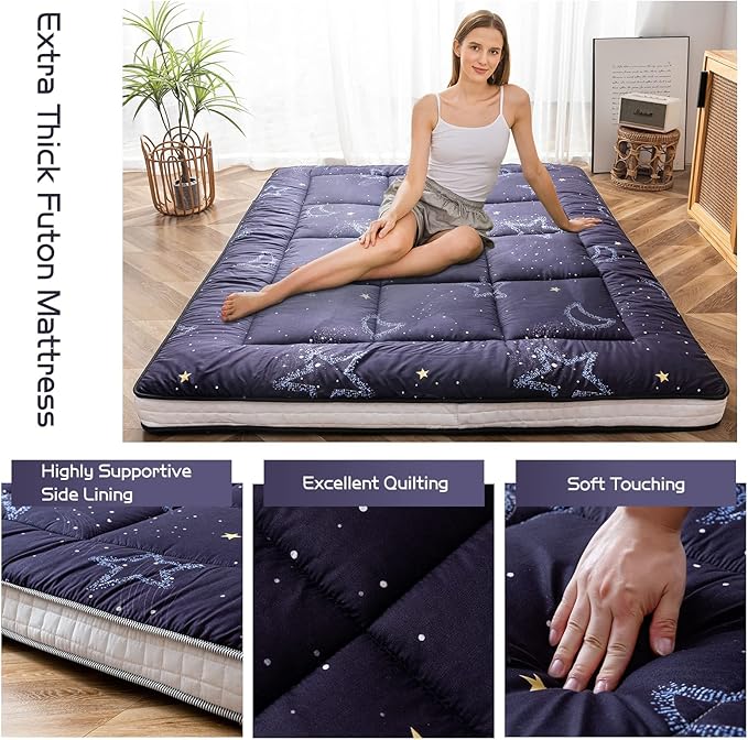 MAXYOYO Japanese Moon and Star Full Size Futon Mattress, Blue, Plush, 54"W x 80"L x 4"H, Foldable, Breathable, Reinforced Support, Moon and Star Pattern, Bedroom, Floor, Guest Room, Tent, Teepee