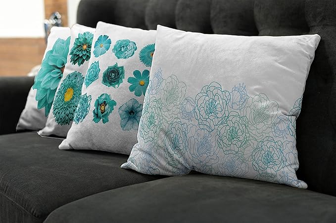 Ambesonne Floral Throw Pillow Cushion Case Pack of 4, Modern Design Flowers in Aquatic Color Palette Cold Toned Leaves Print, Modern Accent Double-Sided Digital Printing, 20", White Turquoise