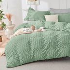 HYMOKEGE Sage Green/Light Grey King Size Comforter Set Seersucker 7 Pieces, All Season Luxury Bed in a Bag for Bedroom, Bedding Set with Comforter, Sheets, Pillowcases & Shams