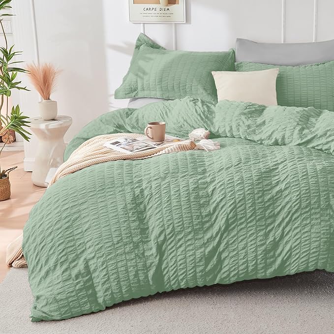 HYMOKEGE Sage Green/Light Grey King Size Comforter Set Seersucker 7 Pieces, All Season Luxury Bed in a Bag for Bedroom, Bedding Set with Comforter, Sheets, Pillowcases & Shams