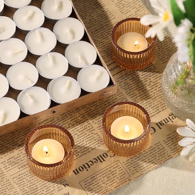 30Pcs Ribbed Gold Candle Holders for Table Centerpiece, Gold Tea Light Candle Holders with 32pcs Tea Light Candles for Wedding Decor, Diwali, Home and Party Decor