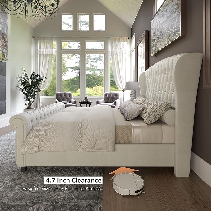 AMERLIFE King Size Platform Bed Frame, Chenille Upholstered Sleigh Bed with Scroll Wingback Headboard & Footboard/Button Tufted/No Box Spring Required/Cream