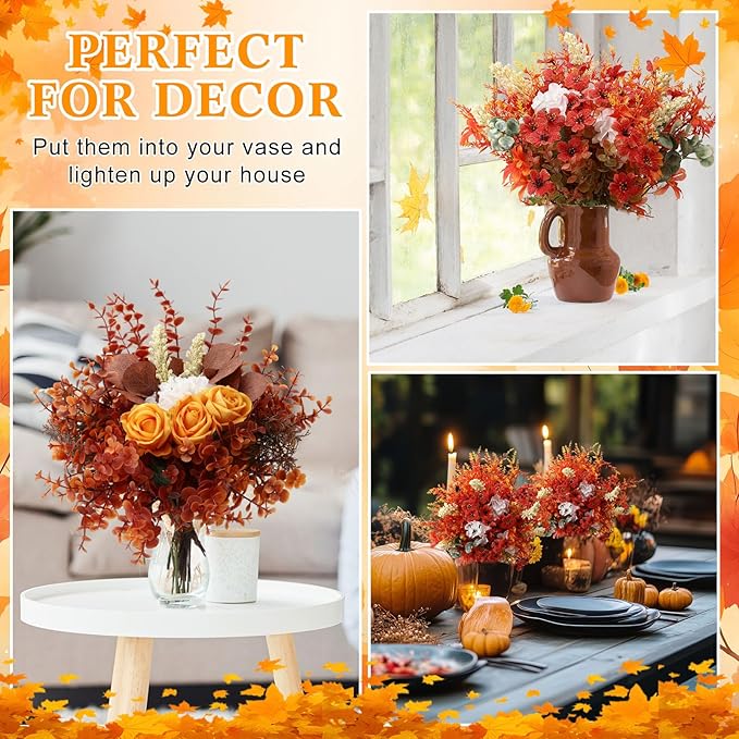 250 Pcs Artificial Fall Greenery Thanksgiving Eucalyptus Leave Floral Stems Silver Dollar Flower Bulk Fake Faux UV Resistant Shrubs Bushes DIY Bouquet Vase Floral Arrangement Table Decor