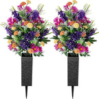 Artificial Cemetery Flowers for Grave: Memorial Day Flowers for Cemetery - Outdoor Grave Decorations - 2 Pcs Purple Violet Mums Bouquets with Vases