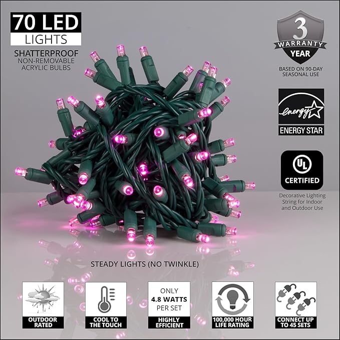 5mm LED Wide Angle Pink Prelamped Light Set, Green Wire - 70 5mm Pink LED Christmas Lights, 4" Spacing