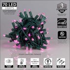 5mm LED Wide Angle Pink Prelamped Light Set, Green Wire - 70 5mm Pink LED Christmas Lights, 4" Spacing