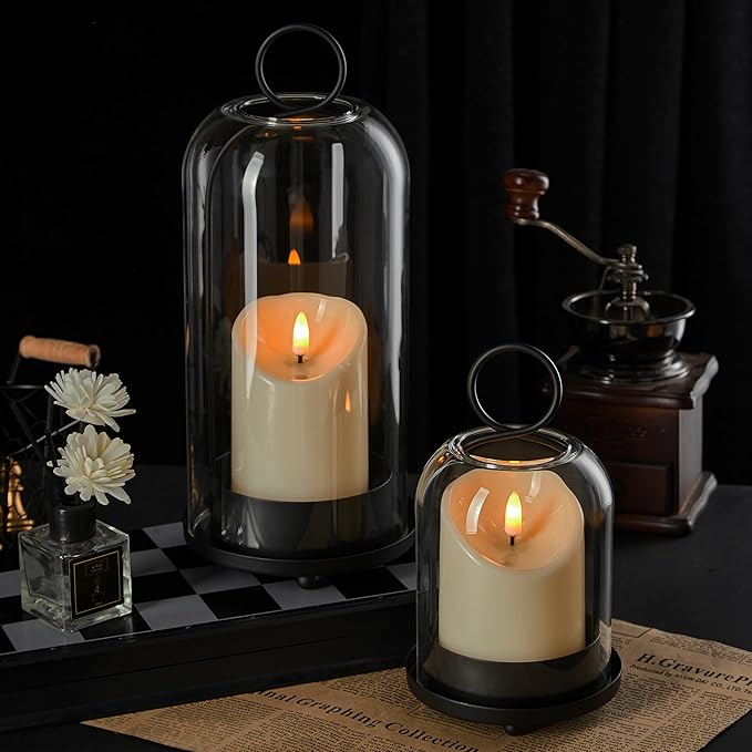 5"&4" Metal Candle Holder with Handmade Glass Dome in Brass & 2 Timer Candles, Set of 2 Versatile Hurricane Glass Candle Holders for Pillar Candles & Plants