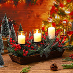 3 Pillar Christmas Table Centerpiece Christmas Candle Holder Artificial Red Berries Pine Cones with Steal Base Frosted Berry Arrangement for Home Decor