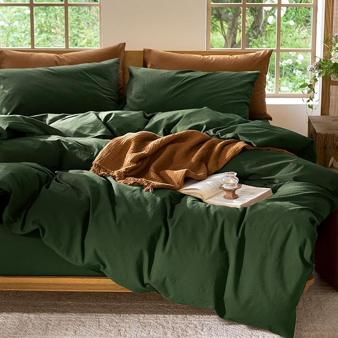 MooMee Bedding Duvet Cover Set 100% Washed Cotton Linen Like Textured Breathable Durable Soft Comfy (Solid Forest Green, Super Queen 90"x98")