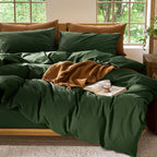 MooMee Bedding Duvet Cover Set 100% Washed Cotton Linen Like Textured Breathable Durable Soft Comfy (Solid Forest Green, Super Queen 90"x98")