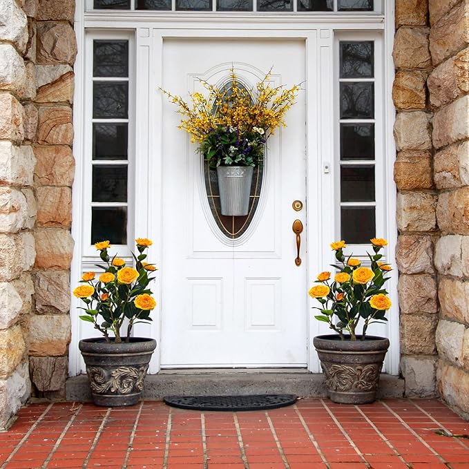 2Pack Artificial Camellia Tree, 2FT Faux Camellia Plant in Pot with Orange Flowers for Spring Home Front Door Outdoor Indoor Decoration,Orange
