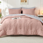 HYMOKEGE Rose Gold/Light Grey Twin XL Comforter Set Seersucker 5 Pieces, All Season Luxury Bed in a Bag for Bedroom, Bedding Set with Comforter, Sheets, Pillowcase & Sham