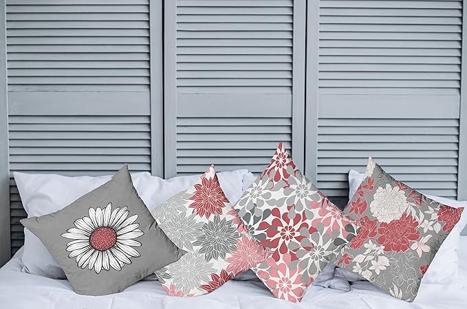 Ambesonne Floral Throw Pillow Cushion Case Pack of 4, Flower Petals Modern Color Palette Chamomile Peony Dahlia and Sunflower Print, Modern Accent Double-Sided Digital Printing, 16", Dark Coral Grey