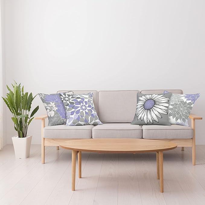 Ambesonne Floral Throw Pillow Cushion Case Pack of 4, Flower Petals Modern Color Palette Chamomile Peony Dahlia and Sunflower Print, Modern Accent Double-Sided Digital Printing, 20", Lavender and Grey