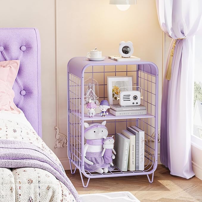 APEXCHASER Cute Kids Nightstand,Metal Side Table,3 Tier End Table with Storage,Vintage Bedside Table,Girls Bedroom Furniture,Coffee Table for Living Room,Bedroom,Dorm,Purple