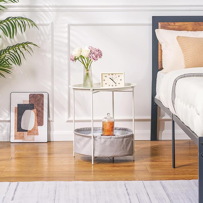 VECELO Round Side/End Table with Fabric Storage Basket，Metal Anti-Rust and Waterproof Small Bedside Nightstand with Removable Tray Top for Living Room，Balcony & Laundry，Beige/2pcs with Basket