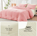HYMOKEGE Pink/Ivory California King Comforter Set Seersucker 7 Pieces, All Season Luxury Bed in a Bag for Bedroom, Bedding Set with Comforter, Sheets, Pillowcases & Shams