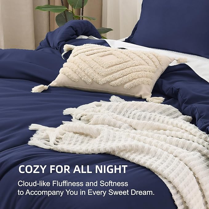Litanika Comforters Navy Blue Oversized Queen Size, 3 Pieces Lightweight Solid Bedding Set & Collections, All Season Fluffy Bed Set (98x98In Comforter & 2 Pillowcases)