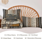 Cottolester Boho Queen Comforter Set 8 Pieces,Brown Black Bohemian Comforter Paisley Striped Bed in A Bag,Soft Microfiber Bedding Set for All Season