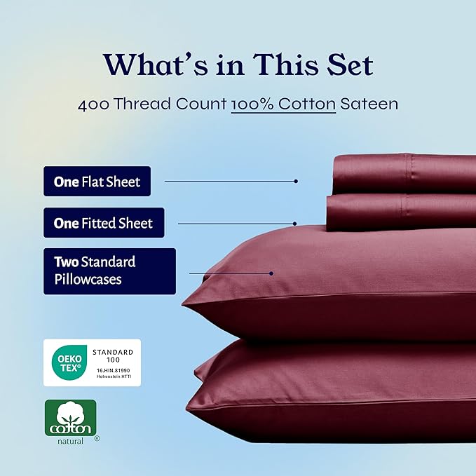 California Design Den Full Size Bed Sheets Set - Soft 400 Thread Count Sateen, Natural 100% Cotton Sheets with Deep Pockets, Breathable, Cooling and Durable Bedding Set - Burgundy Red