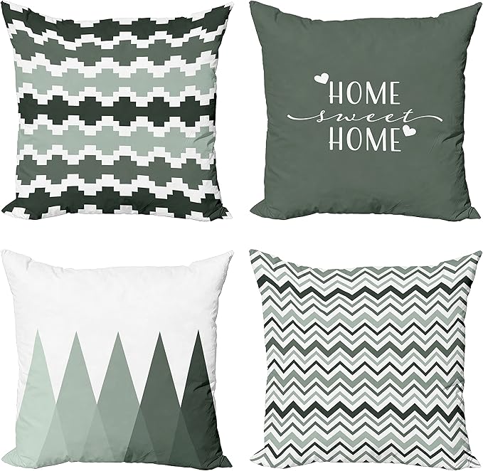 Ambesonne Modern Throw Pillow Cushion Case Pack of 4, Geometric Style Pattern of Triangles Zigzags Love Home Phrase Print, Modern Accent Double-Sided Digital Printing, 16", Dark Sea Green and White