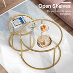 aboxoo Nesting Coffee Table Set of 2, Small Round Glass Nesting Tables for Living Room Bedroom, Accent Tea Table with Gold Metal Frame Modern Industrial Simple