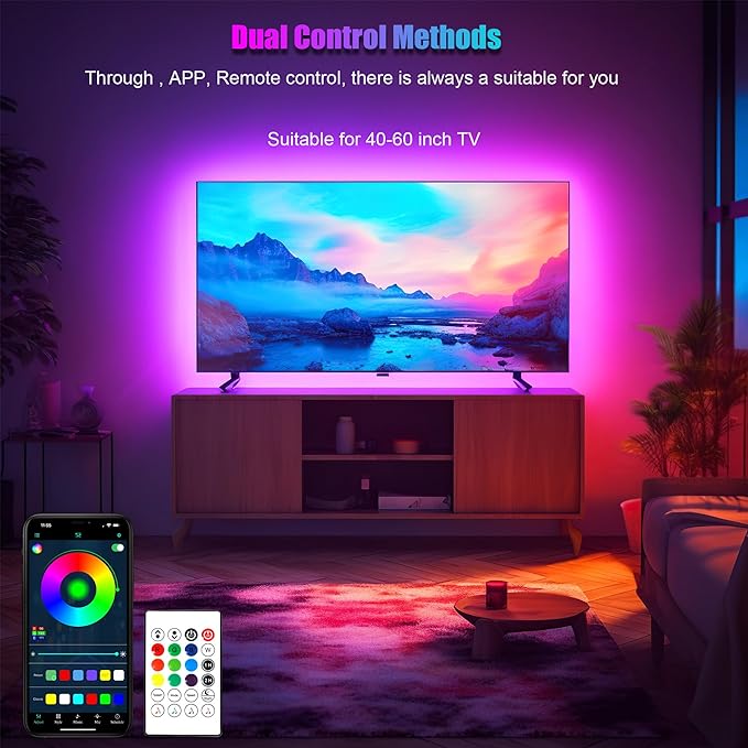 PANGTON VILLA LED Lights for TV 40-60 Inch, 10FT (1 Roll of 10ft) ICRGB TV LED Backlight Kit with Bluetooth APP & 24 Keys Remote, Music Sync Lights Behind, USB Cable Powered, Not Waterproof