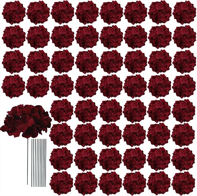 AVIVIHO 65pcs Burgundy Hydrangea Artificial Flowers Bulk (Not Squished, No Steaming Need) Realistic Hydrangeas Silk Flowers with Stems for DIY Project Wedding Party Home Wedding Table Decorations
