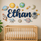 Custom Nursery Name Sign with Themed Decor Kit | Personalized Wooden Wall Art for Baby, Kids Room | Space, Jungle, Circus, Under the Sea, Woodland, Rainbow (30", Space)